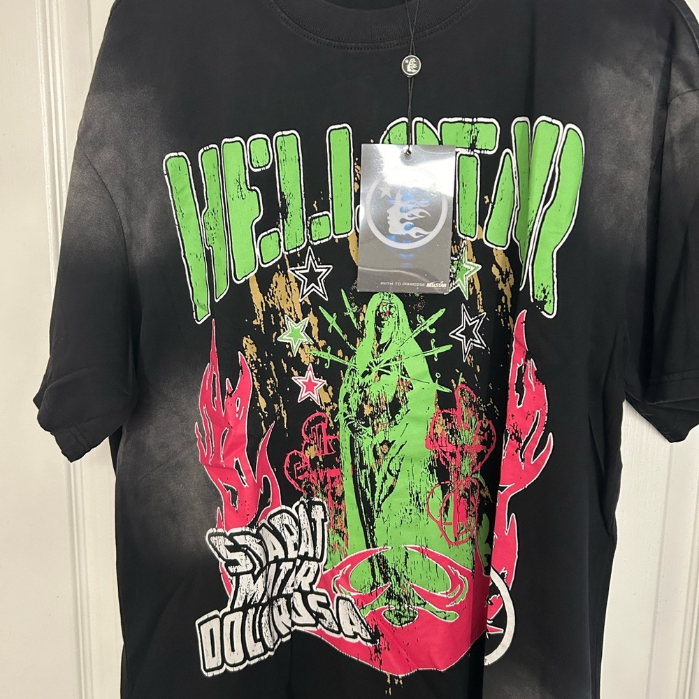 Black Graphic T-Shirt with Green and Pink Design